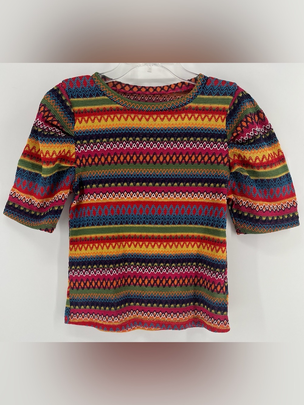 70s Style Boho Crochet Chevron Knit Short Sleeve Top Y2K